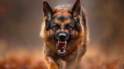 Aggressive stance. German Shepherd dog showing teeth in a fierce pose. Powerful and intense canine expression.
