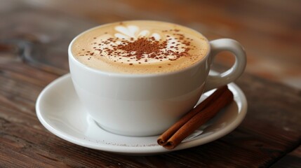 Gourmet Cappuccino with Latte Art and Cocoa Powder on Saucer with Cinnamon Stick - Coffee Break Concept