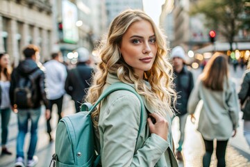 Fototapeta premium Portrait of a happy beautiful traveler with a backpack in the city on the background of a beautiful bokeh. Traveling alone, a lifestyle. A young tourist is enjoying his vacation.