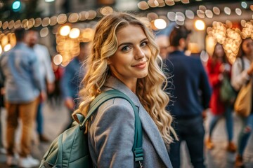 Portrait of a happy beautiful traveler with a backpack in the city on the background of a beautiful bokeh. Traveling alone, a lifestyle. A young tourist is enjoying his vacation.