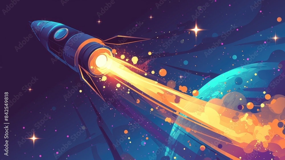 Poster a captivating digital drawing of a rocket soaring through outer space in a stunning cartoon renderin