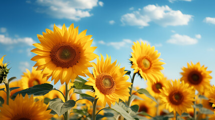 Fototapeta premium Sunflower field with cloudy blue sky