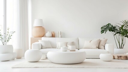 Modern living room interior with white sofa and plant.	
