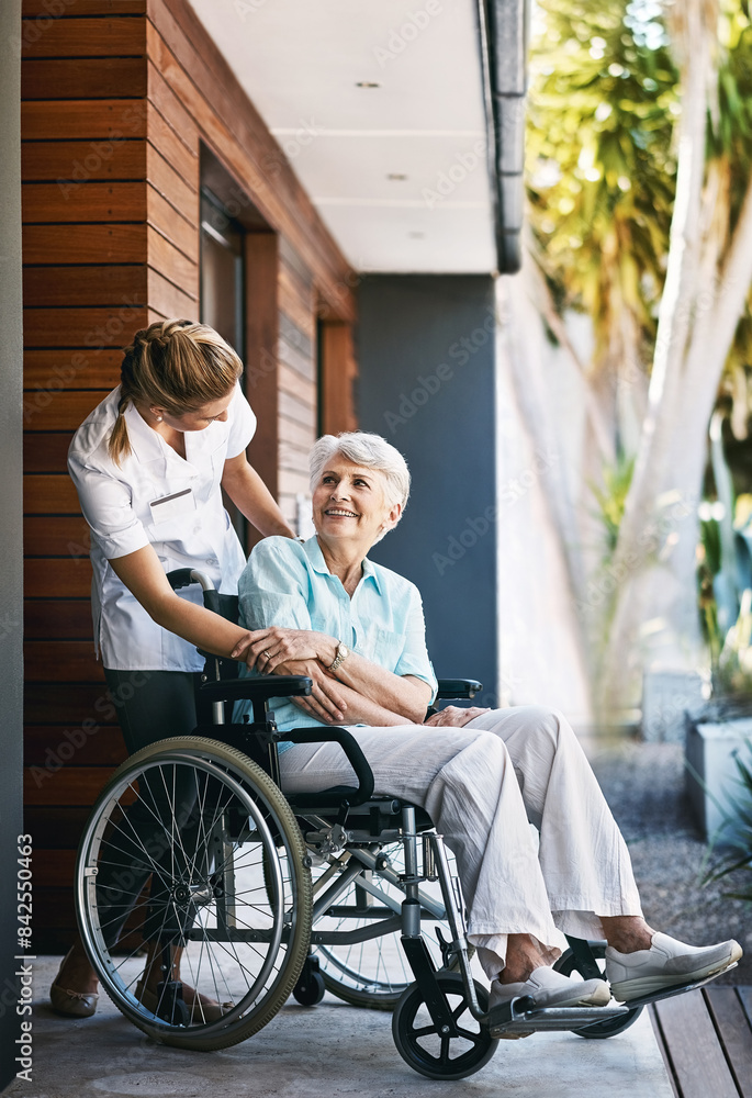 Canvas Prints Nurse, senior woman and support on wheelchair for help, rehabilitation or medical healthcare on outdoor walk. Happy caregiver, retirement and person with disability at home for recovery or wellness