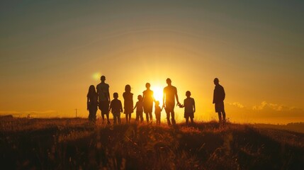 Fototapeta premium the silouhette of a family with many members, sunset light 