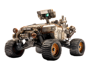 a robot on wheels with green light