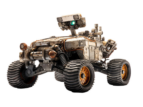 a robot on wheels with green light