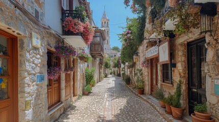 Quaint Mediterranean Village Street with Cobblestones, Flowering Balconies, and Historic Church Tower