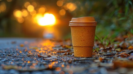 Discarded plastic coffee cup on road with blurred car promoting eco awareness concept