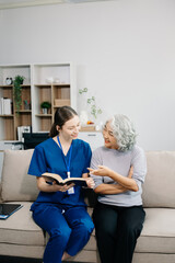 Caregiver doctor examine older patient use blood pressure gauge. woman therapist nurse at nursing...