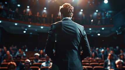 back view of a confident man in a suit giving an epic speech to an audience at a business conference in a large hall