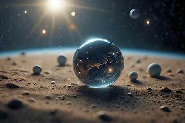 Tilt Shift Image Tiny Alien Orbs Spheres on Barren Deep Space Planet Background