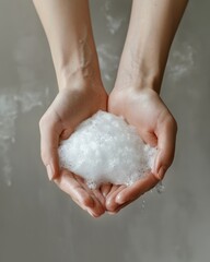 Fototapeta premium Close-up shot of two hands cupping together holding white soap suds