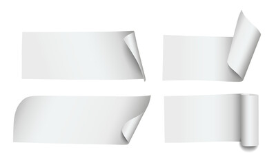 Realistic rectangle paper notes with curled corners and rolled edges isolated on transparent background