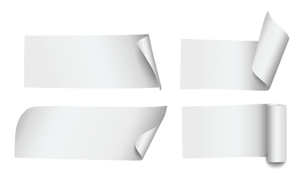 Realistic rectangle paper notes with curled corners and rolled edges isolated on transparent background