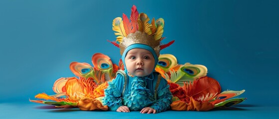 A baby in a colorful feathered headdress and costume, surrounded by vibrant flowers.