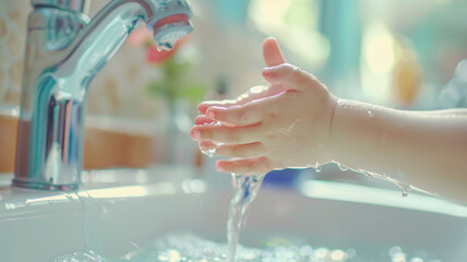 Child hands washing under the faucet in the bathroom