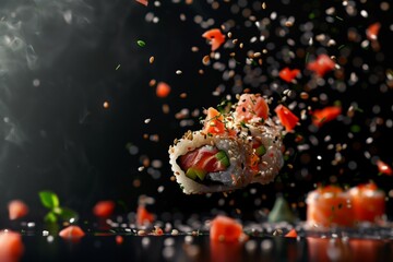 Naklejka premium Salmon and avocado sushi roll with sesame seeds and smoked paprika in mid-air