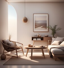 Fototapeta premium Mockup frame in minimalist nomadic interior background, 3d render