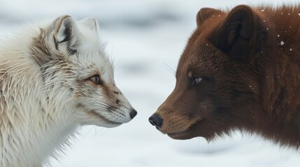 Obraz premium A close-up of an Arctic fox's incredibly thick, white fur next to a brown bear with a sparser coat, highlighting adaptation to extreme cold. 