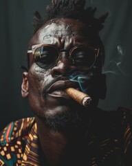 A portrait of a man with a blurred face due to privacy, exhaling smoke, wearing a vibrant traditional African garment