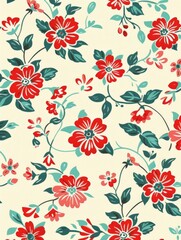 A bright and colorful floral pattern featuring red flowers and green leaves on a pastel background, suitable for fabric and decoration
