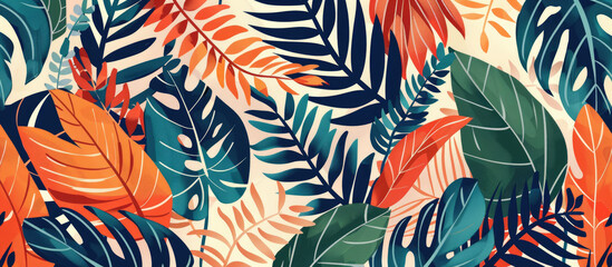Seamless pattern of tropical leaves in vibrant orange, green and navy blue
