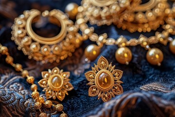 Obraz premium Detailed and elegant gold jewelry pieces with beads are featured in a closeup on a luxurious, dark, patterned fabric, exuding opulence and sophistication