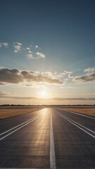 Rendering of a cargo plane taking off from a runway at the airport against the horizon.