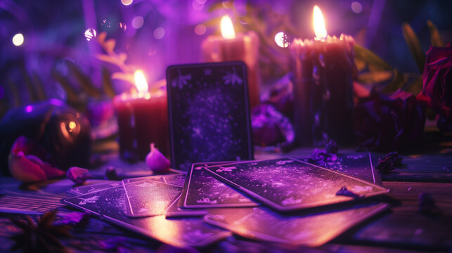 Tarot cards with candle light purple colors. fortuneteller reads fortunes by tarot cards and candles on the background. Astrology occult magic spiritual horoscopes and palm reading