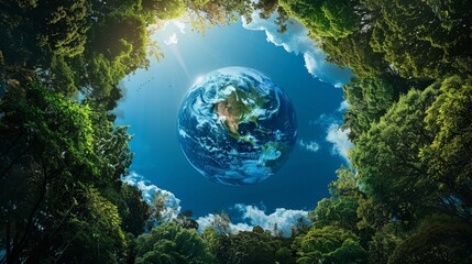 Naklejka premium A vibrant Earth globe seen through a lush green canopy of trees, symbolizing the importance of nature and sustainability.