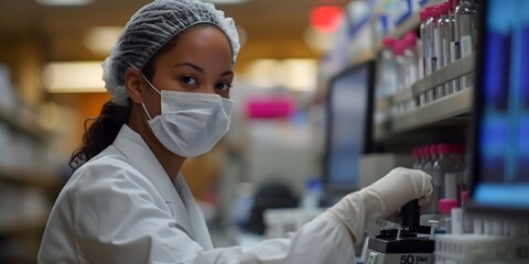 Researchers working in the clinical laboratory,extreme close up of a womans face, a photo of A woman in a white coat, hair net and mask is working on lab equipment while holding up an electronic devic