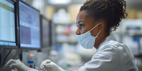 Researchers working in the clinical laboratory,extreme close up of a womans face, a photo of A woman in a white coat, hair net and mask is working on lab equipment while holding up an electronic devic