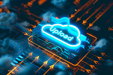A cloud icon with text "Upload" and arrows pointing up to the cloud, the concept of uploading data to the cloud 