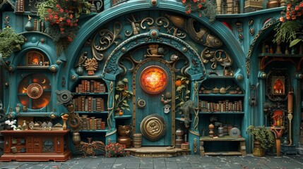 Obraz premium A whimsical, ornate doorway with glowing light, flanked by bookshelves, suggesting a magical or secret entrance.