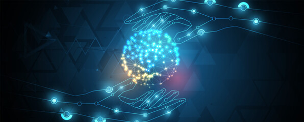 Abstract Artificial intelligence. Cloud computing. Machine learning. Technology web background. Virtual concept futuristic background. Vector art.