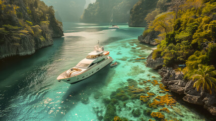 Luxury yacht anchored in a pristine turquoise lagoon surrounded by green cliffs and crystal-clear water.