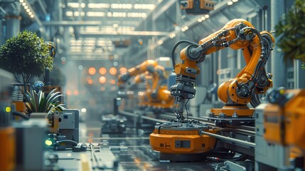 Industry 4.0 in action within a smart factory with machinery, and robotics in a futuristic industrial setting. Innovation, engineering, and interconnected systems