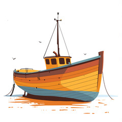 Obraz premium Colorful fishing boat docked, bright colors, maritime vessel, nautical theme. Seaside scenery, fishing industry, marine concept, no people. Birds flying, sea craft moored