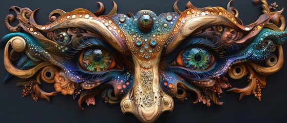 Fototapeta premium Abstract surreal sculpture with ornate details and glowing eyes.