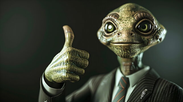 Alien Character Thumbs Up Approval Gesture Suit Tie