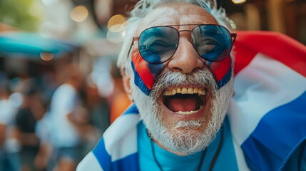 Joyful Senior Man Painted Face Flag Sunglasses Laughing Celebration Outdoors