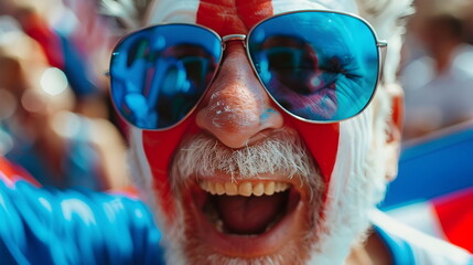 Patriotic Senior Man Celebrating Excited Sunglasses Flag Reflection