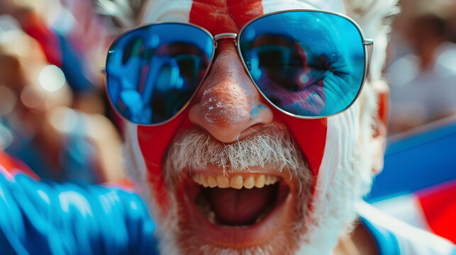 Patriotic Senior Man Celebrating Excited Sunglasses Flag Reflection - Powered by Adobe
