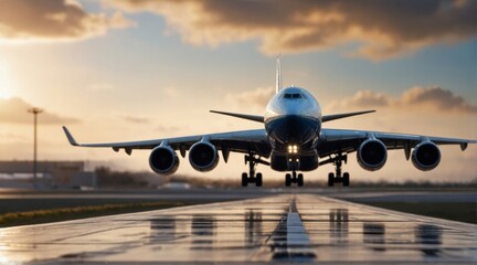 Obraz premium Rendering of a cargo plane taking off from a runway at the airport against the horizon.