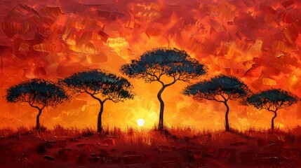 The African savannah at sunset, with acacia trees silhouetted against a fiery orange sky. 