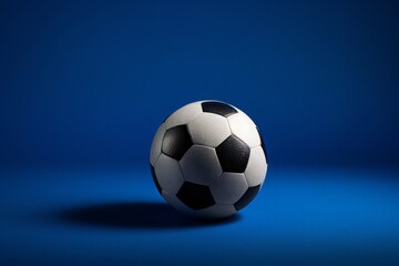 Fototapeta premium A classic black and white soccer ball rests on a bright blue background, casting a subtle shadow.