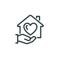 Thin Outline Icon Hand is Holding a House With a Heart Inside. Such Line Sign as Care Home or Shelter, Estate property. Vector Isolated Pictogram on White Background Editable Stroke.