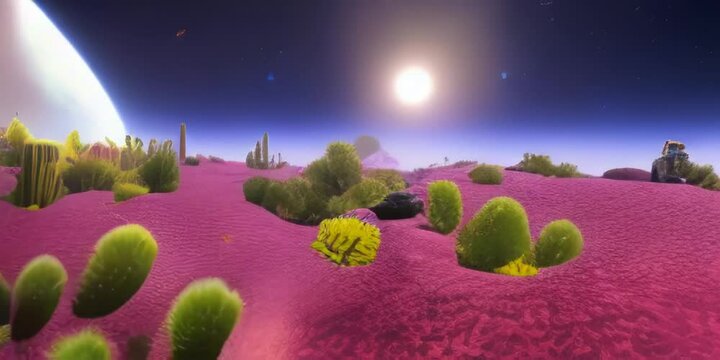 Animaci&oacute;n 3D de paisaje en planeta alien&iacute;gena iluminado por el sol con superficie violeta y paisaje de cactus