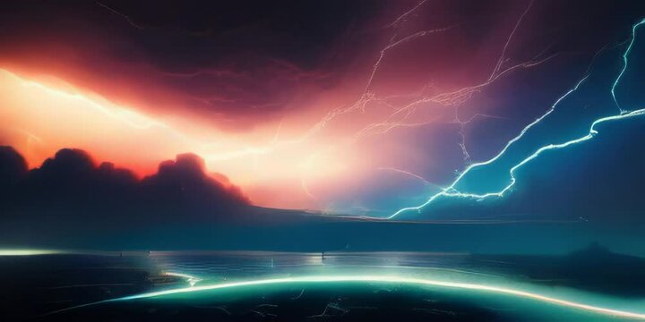 Timelapse de intensos rayos iluminando nubes rojizas y azules ti&ntilde;endo el cielo de nubes oscuras